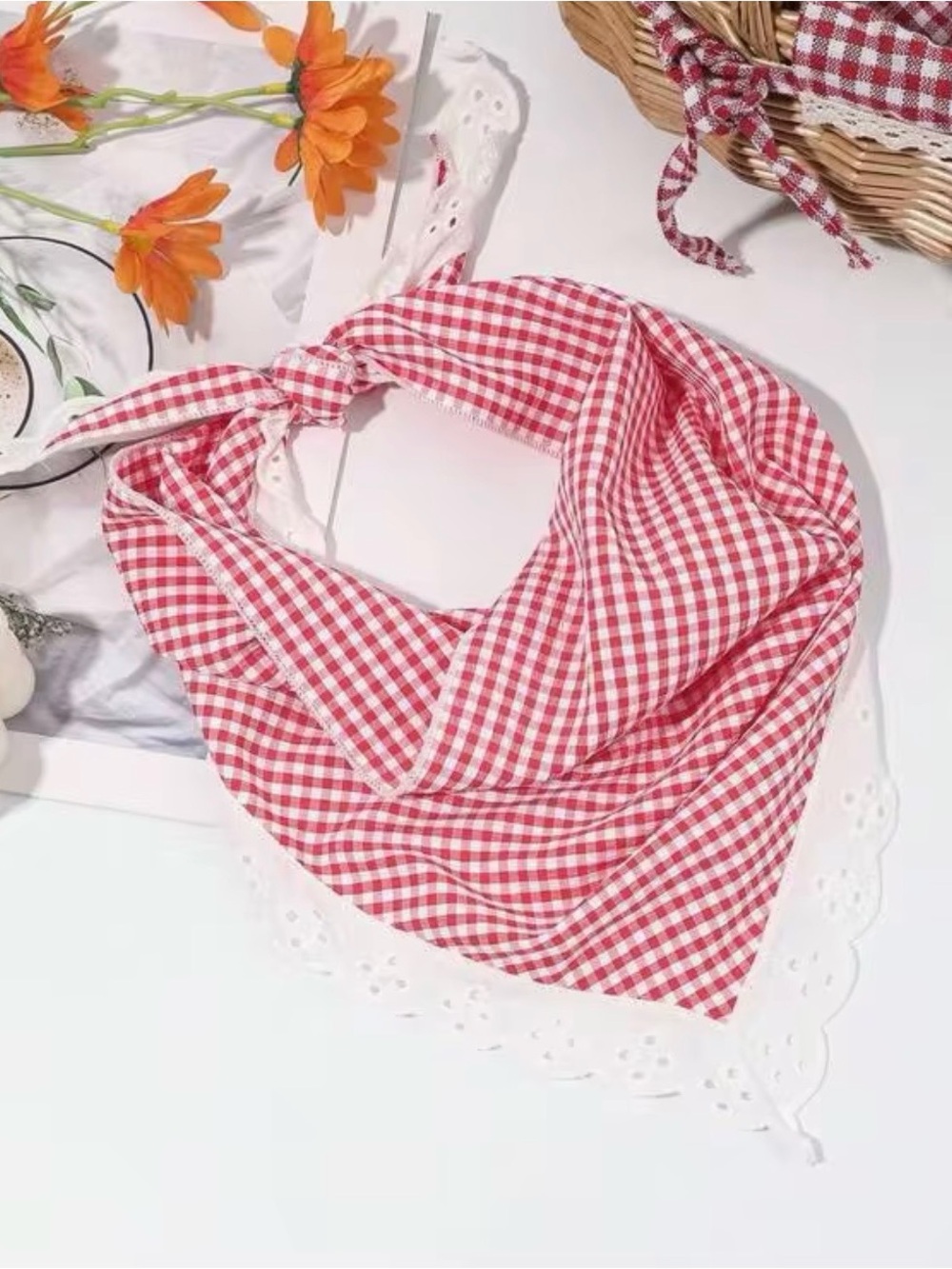 Red Gingham Bandana Scarf for Women - Classic Check Pattern